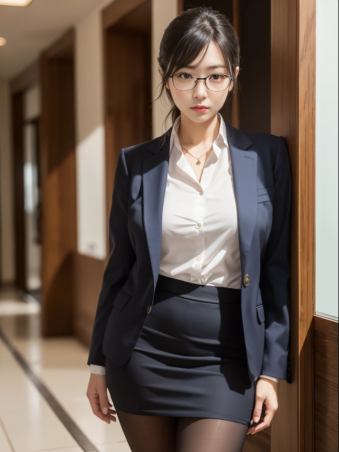 (alone、solo)、A 20-something office lady in an office uniform poses for a photo、(Black Pantyhose)、(Half Up)、victory、Tsundere、Single knot、OL、suit、Blue mall face、anger、、Glasses、Slim girl model photo、Body:The smallest middle-aged man in history、Female Model、Japanese female fashion model、(8K、RAW Photos、Highest quality、masterpiece:1.2)、(Real、Photorealistic:1.37)、Ultra high definition、Ultra high definition、Office Street、Standing position、whole body、((((SEXY)))