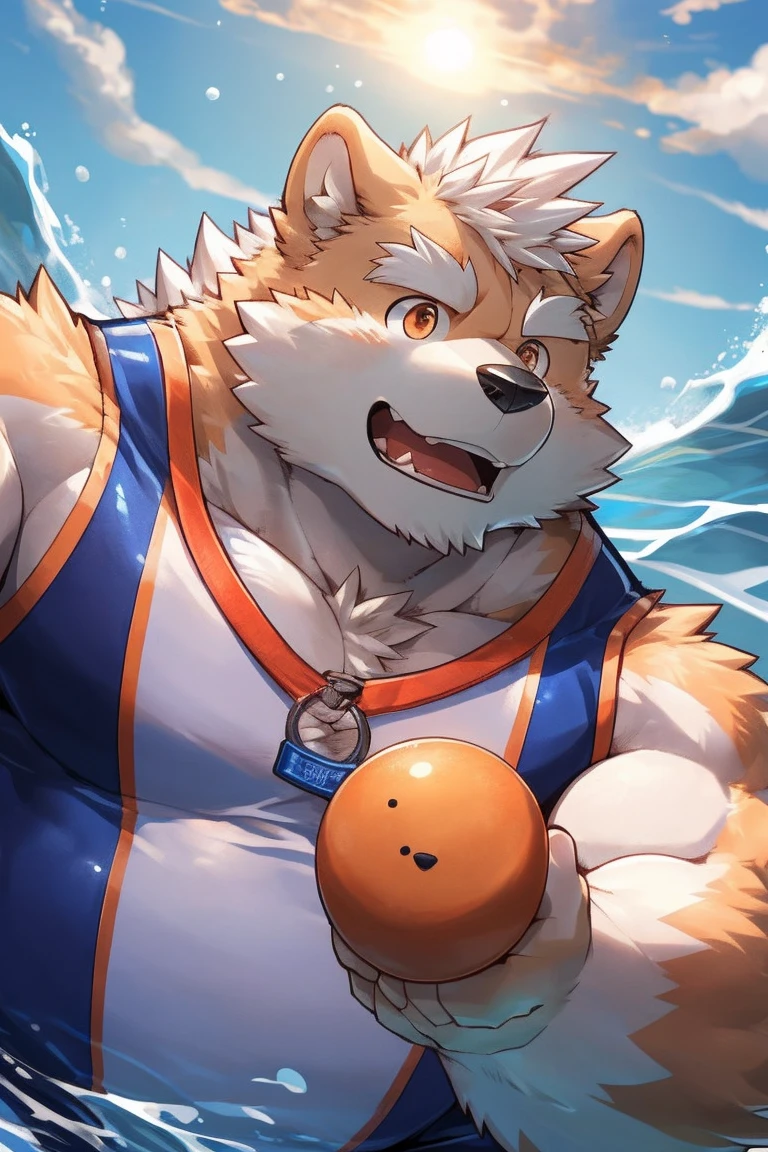 human nature, Wildlife, male,18 years old， solitary, ((Round Face, The face is plump,Orange eyes,Thick white hair，)), ((Endomorph, Handsome，enthusiasm)), （swimsuit，Clothes), ((domestic 犬, Dog Orc，) Fluffy fur, Fluffy), Bokeh, (high quality, high resolution, masterpiece), (Dynamic Lighting, Vibrant colors，Natural fill light), (Revitalize，Disdain，aggressive), Full body picture (close up), cartoon, author：Takemoto Arashi, From zixiong, By Chunni, author：Empty Ghost，（background：Sea，deep sea exploration，Tropical Fish）'