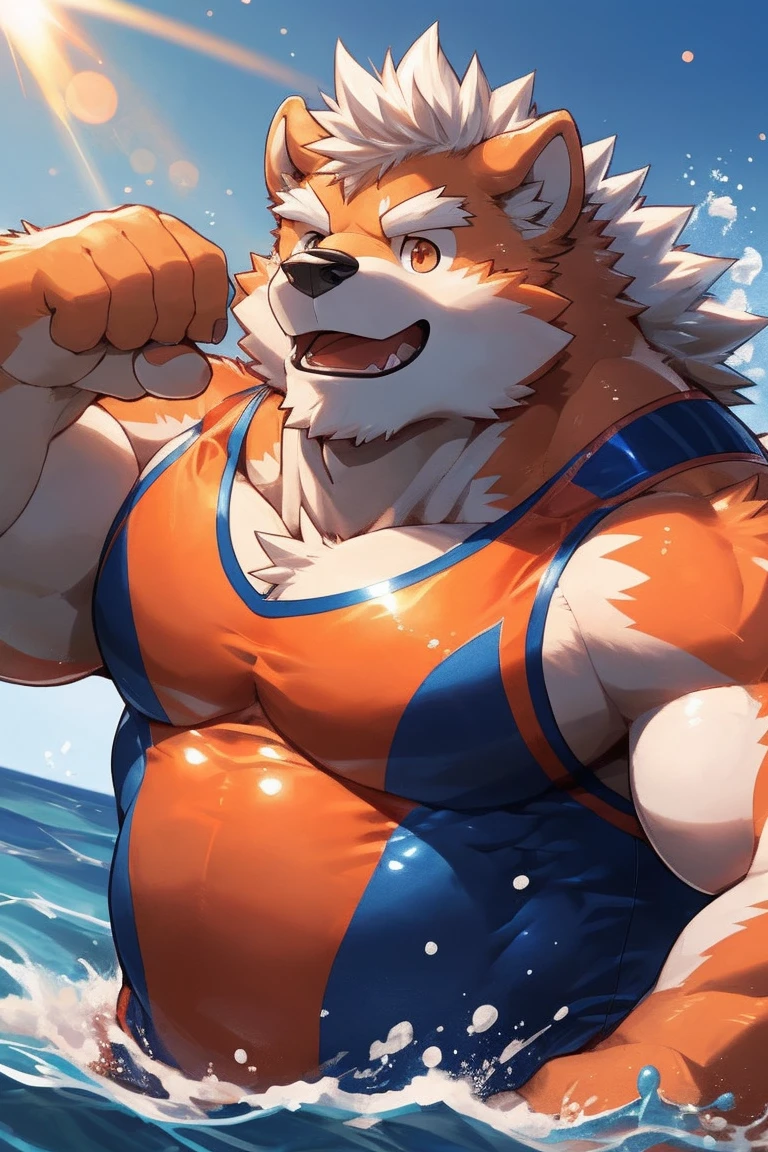 human nature, Wildlife, male,18 years old， solitary, ((Round Face, The face is plump,Orange eyes,Thick white hair，)), ((Endomorph, Handsome，enthusiasm)), （swimsuit，Clothes), ((domestic 犬, Dog Orc，) Fluffy fur, Fluffy), Bokeh, (high quality, high resolution, masterpiece), (Dynamic Lighting, Vibrant colors，Natural fill light), (Revitalize，Disdain，aggressive), Full body picture (close up), cartoon, author：Takemoto Arashi, From zixiong, By Chunni, author：Empty Ghost，（background：Sea，deep sea exploration，Tropical Fish）'