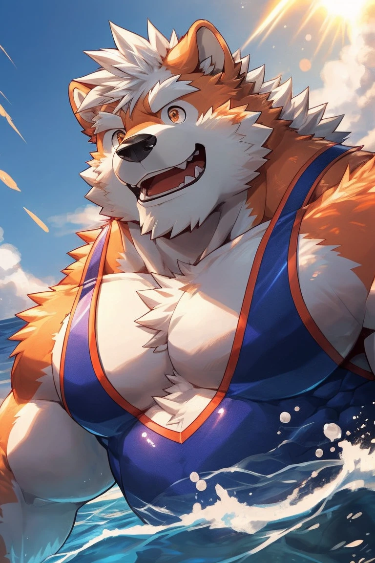 human nature, Wildlife, male,18 years old， solitary, ((Round Face, The face is plump,Orange eyes,Thick white hair，)), ((Endomorph, Handsome，enthusiasm)), （swimsuit，Clothes), ((domestic 犬, Dog Orc，) Fluffy fur, Fluffy), Bokeh, (high quality, high resolution, masterpiece), (Dynamic Lighting, Vibrant colors，Natural fill light), (Revitalize，Disdain，aggressive), Full body picture (close up), cartoon, author：Takemoto Arashi, From zixiong, By Chunni, author：Empty Ghost，（background：Sea，deep sea exploration，Tropical Fish）'