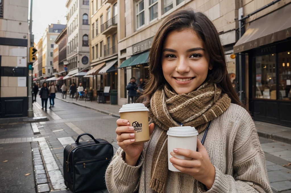 very beautiful girl, wearing a sweater and scarf drinking coffee on a city street, looks towards the camera, smiling, high detail, advertising photo