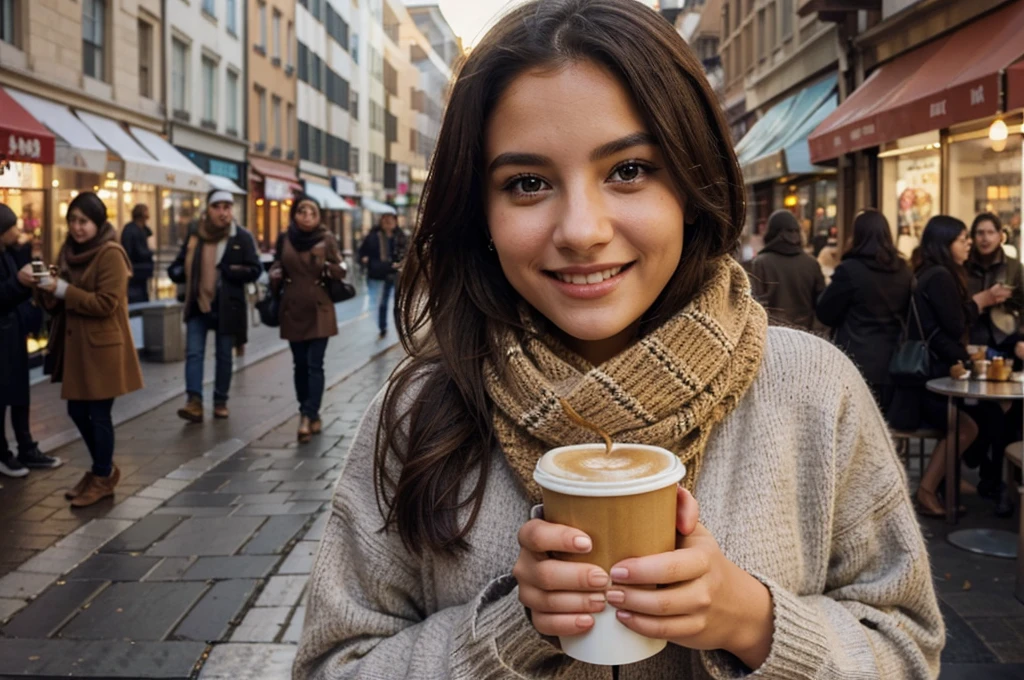 very beautiful girl, wearing a sweater and scarf drinking coffee on a city street, looks towards the camera, smiling, high detail, advertising photo