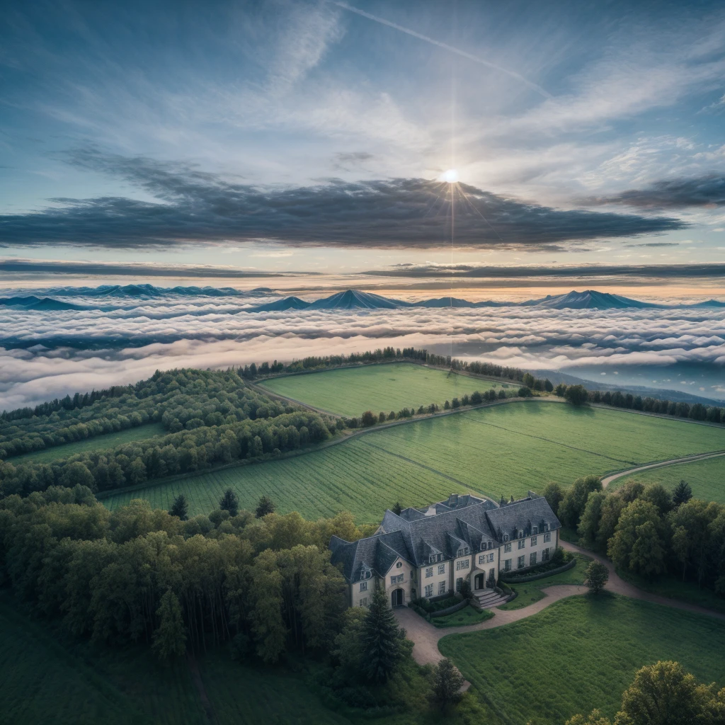 Create ultra-realistic photos of aerial views of modern city with a big house in the center, high mountains, fields. images like professional camera photos produced with a Nikon DSLR camera, 32k size, UHD, HD photos, dramatic cinematic effects with clouds and fog around