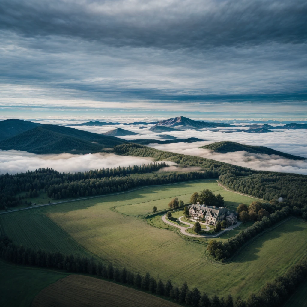 Create ultra-realistic photos of aerial views of modern city with a big house in the center, high mountains, fields. images like professional camera photos produced with a Nikon DSLR camera, 32k size, UHD, HD photos, dramatic cinematic effects with clouds and fog around