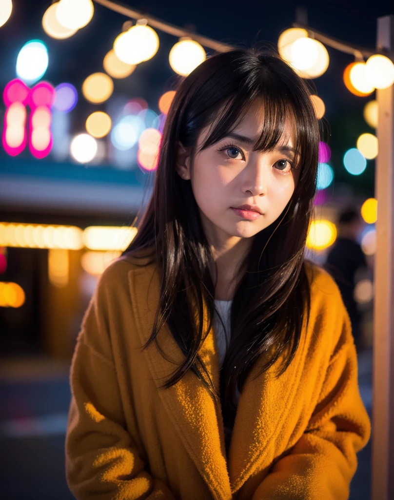 (4k, RAW photo, best quality, masterpiece:1.2),japanese,1girl,winter,night light,face focus,looking another,