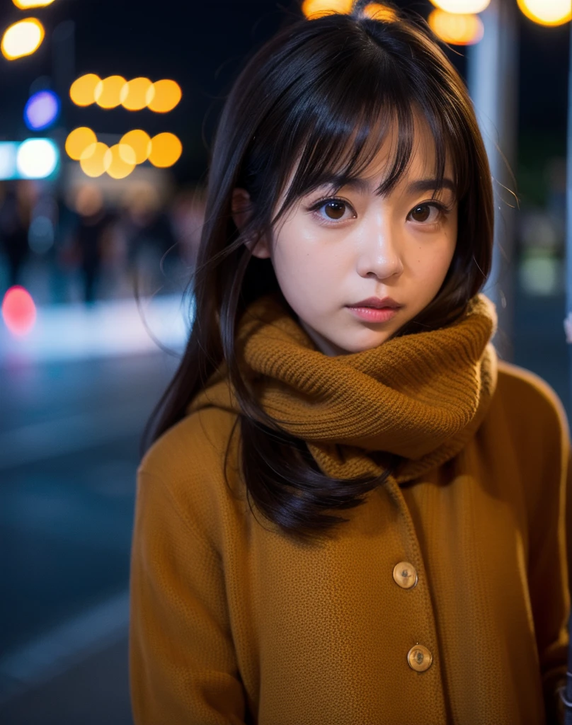 (4k, RAW photo, best quality, masterpiece:1.2),japanese,1girl,winter,night light,face focus,looking another,