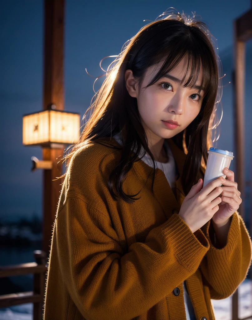 (4k, RAW photo, best quality, masterpiece:1.2),japanese,1girl,winter,night light,face focus,looking another,