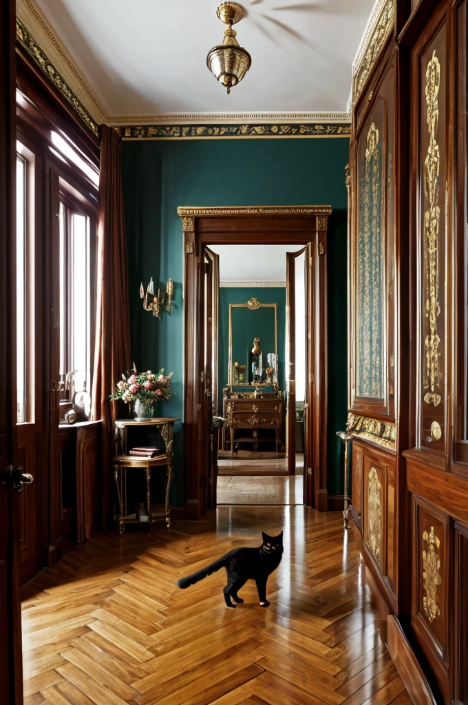 the most realistic image of a black cat the size of a human being, highly detailed, stands on his hind legs in the room in front of a floor-mounted rotating oval full-length mirror, holding a cup of coffee in his right front paw, in the left front paw there is a saucer, cat looks in the mirror, we see his mirror image, room in a Moscow apartment, decoration in the style of the 60s of the 20th century, with many details