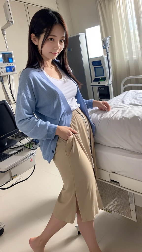 Woman trying to take off her pants、Japanese、shirt、cardigan、skirt、Hospital room、Family watching over