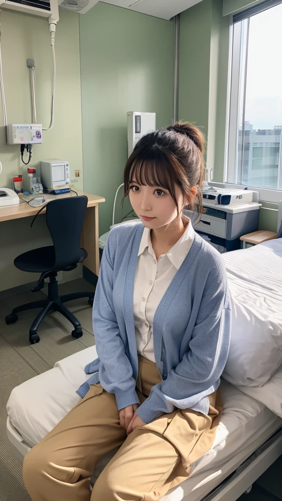 Woman trying to take off her pants、Japanese、shirt、cardigan、skirt、Hospital room、Family watching over