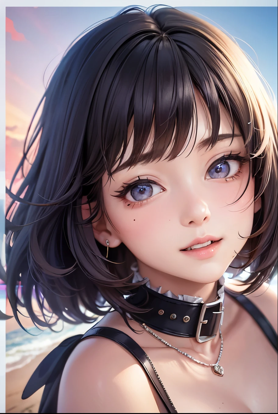 masterpiece, best quality, highly detailed, high resolution, expensive resolution, high resolution, 4k, 8k, uniform 8k wallpaper, highly detailed CG, masterpiece, 2d, 3d, beautiful details, depth, fine texture, best quality: 1.3, perfectly focused, sharp. skin, him, very cute anime girl, her name is Mei, bob hair, idol, swimsuit bikini, seaside beach, expensive bob hair, mole under eye looking at the viewer, expensive, blush, mole, open lips, pink eyes, heart shaped choker, smiling face