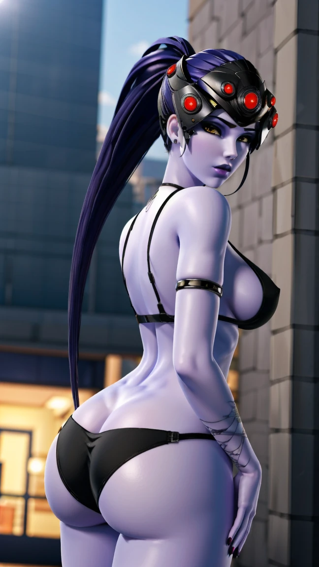 1girl, spread legs,red nipples, hanging breasts, violet hair, ponytail hair, yellow eyes, (blue skin:1.2),torpedo breast,( black head mounted visor:1.5), dark lips, lewd bikini, hands behind back, cameltoe, looking at viewer, outside, city street, sexy pose, nsfw, slut, full body