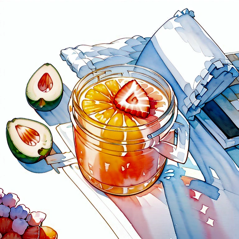 ((masterpiece)), ((best quality:1.2)), ((watercolor)), ((soft color))), ((minimalist)), ((negative space)), ((solid white background)), many type of healthy drinks, orange juice, avocado juice, strawberry juice, grape juice, 5 jar of infused water containing fruit with different type and color, ((no Clipping)), no shadow clipping, no object clipping, surrounded with (((solid white background))), very subtle shadow, soft bright white lighting, soft shadow, realistic, center composition