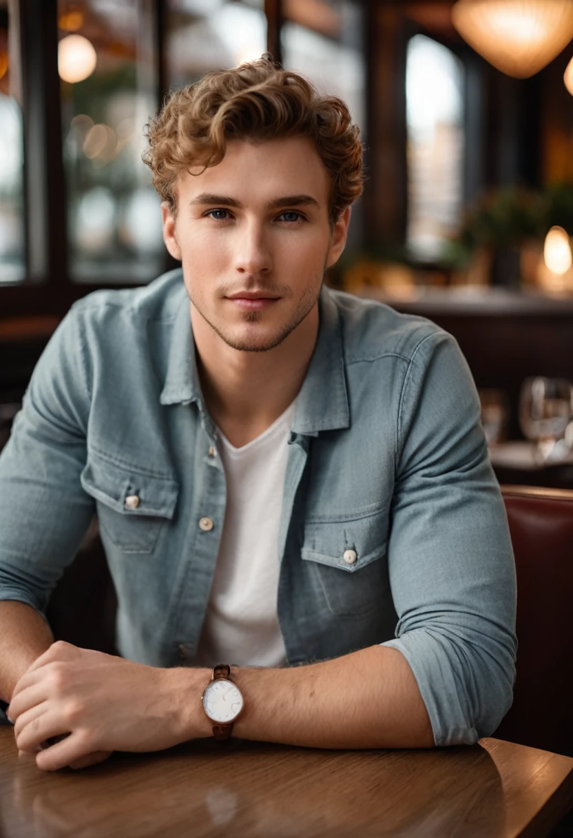 white caucasian young man, short slightly curly hair, confident, indoors, sitting in a restaurant, date night, looking into the camera, candid pose, wearing casual clothes, realistic
