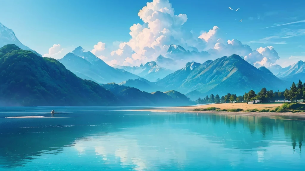 ((best quality,4K,8K,high resolution,masterpiece:1.2),Extremely detailed,(Practical,photoPractical,photo-Practical:1.37),Chinese style（Chinese style插画）Blue sky,White Cloud,birds in the distance,Sea,Great prospects,Vision,landscape,Waves,peaceful,peaceful,fresh air,peaceful的气氛,Endless Horizon,Vibrant colors,sky reflection on Sea surface,Lush greenery,The trees swayed,trunk,Mountains in the background,Magnificent beauty of nature,Land and sea,relaxing environment, Background only, Only the view,