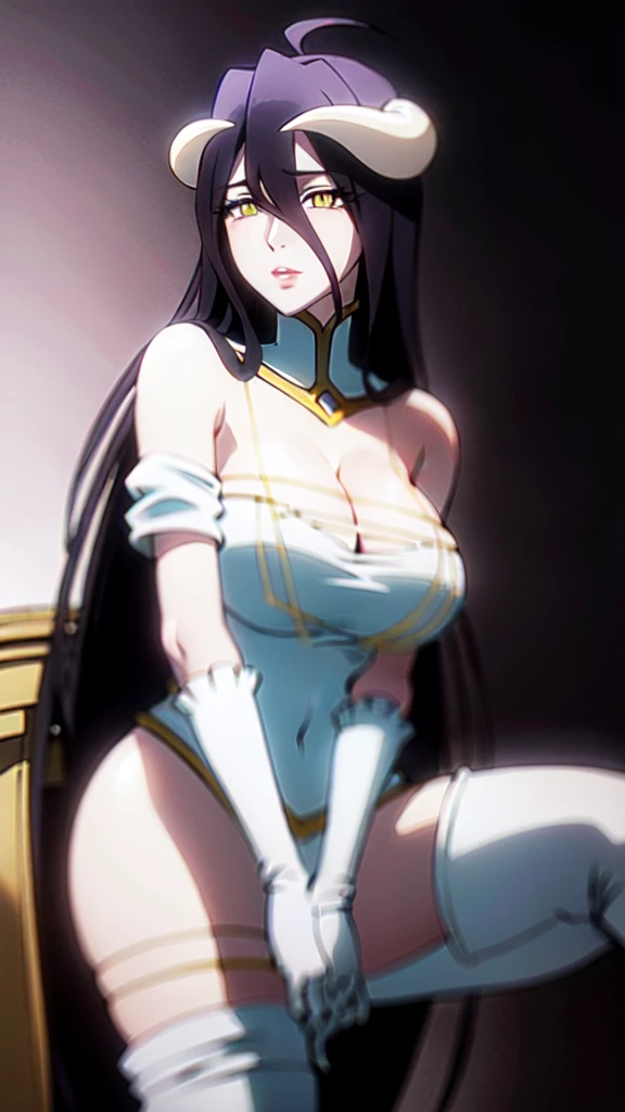 (masterpiece:1.6, best quality:1.4, real picture:1.2, intricate details:1.2), Albedo, 1girl, dark hair, red eyes, big lips, lip gloss, long hair, medium breasts, bare shoulders, hourglass figure, (narrow waist), thick thighs, thick ass, defined stomach, sexy pouty lips, cleavage, vampire girl, white latex micro bikini, sexy thight micro panties, detailed face and eyes, black pantyhose, black gloves, seductive pose, royal room.