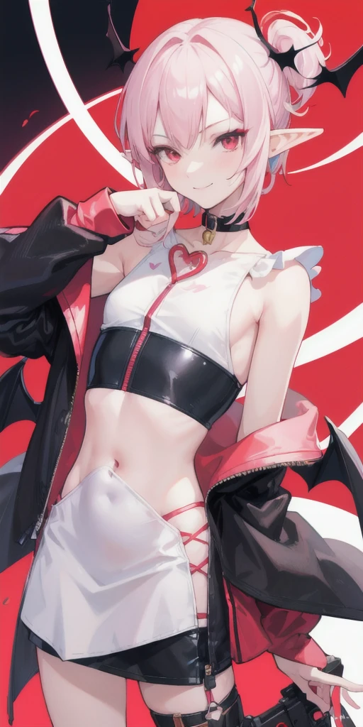 (arte anime, work of art, best qualityer, 4K, Icon), Tall and Very Handsome Elf Boy, Short White Hair, Stellar Red Eyes, Cute Bat Wings Behind the Back in Pink, Fitted Body Blouse with Sleeveless Roll Collar in Black with Red Outline Zipper from Top to Bottom, Black Heart Choker, Black Sweatshirt Over Loose Elbow Length, Red Glitch Distorted Reality Background, masculine, elf boy, handsome male, Hand Touching Cheek, sweet smile, winking an eye. Icon Para Perfil.