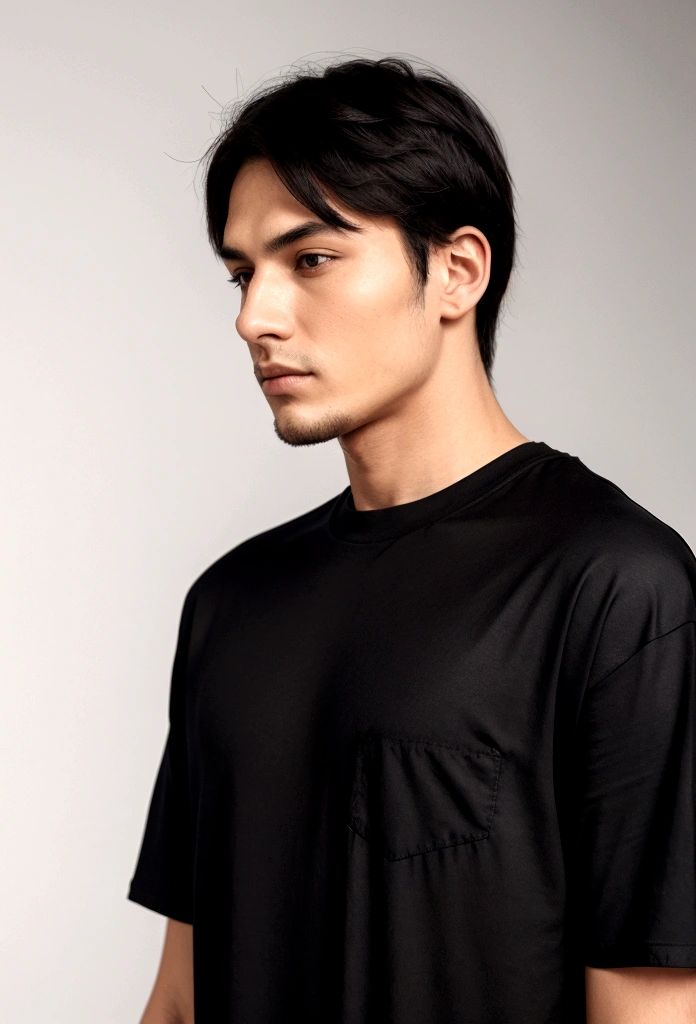 a man wearing oversized plain black tshirt.