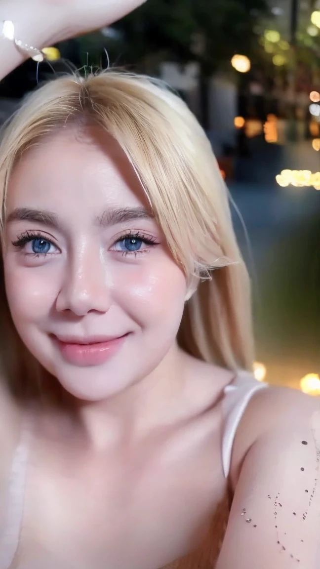 Adorable , Gorgeous , Beautiful , Russian Baby Face , Blonde Hair , Open Mouth , Smile , Huge Breasts , Slim Waist , 25 Years Old , White Skin , ((Bokeh:1.1)) , Blue Eye , ((Morning:1.3)) , Sweating , Wet Body , Both Hands Raised Up Behind Head , under the viewer , full body , from above , in bedroom , HDR , Ultra Detailed , EF 24-70mm f/2.8L II USM