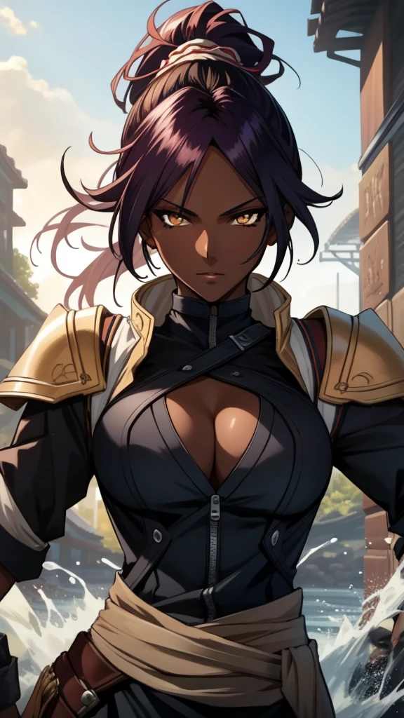 cleavage,(masterpiece, best quality), intricate details, 8k, artstation, wallpaper, official art, splash art, sharp focus,
1girl, solo, shihouin yoruichi, (dark skin, dark-skinned female:1.2), ponytail,