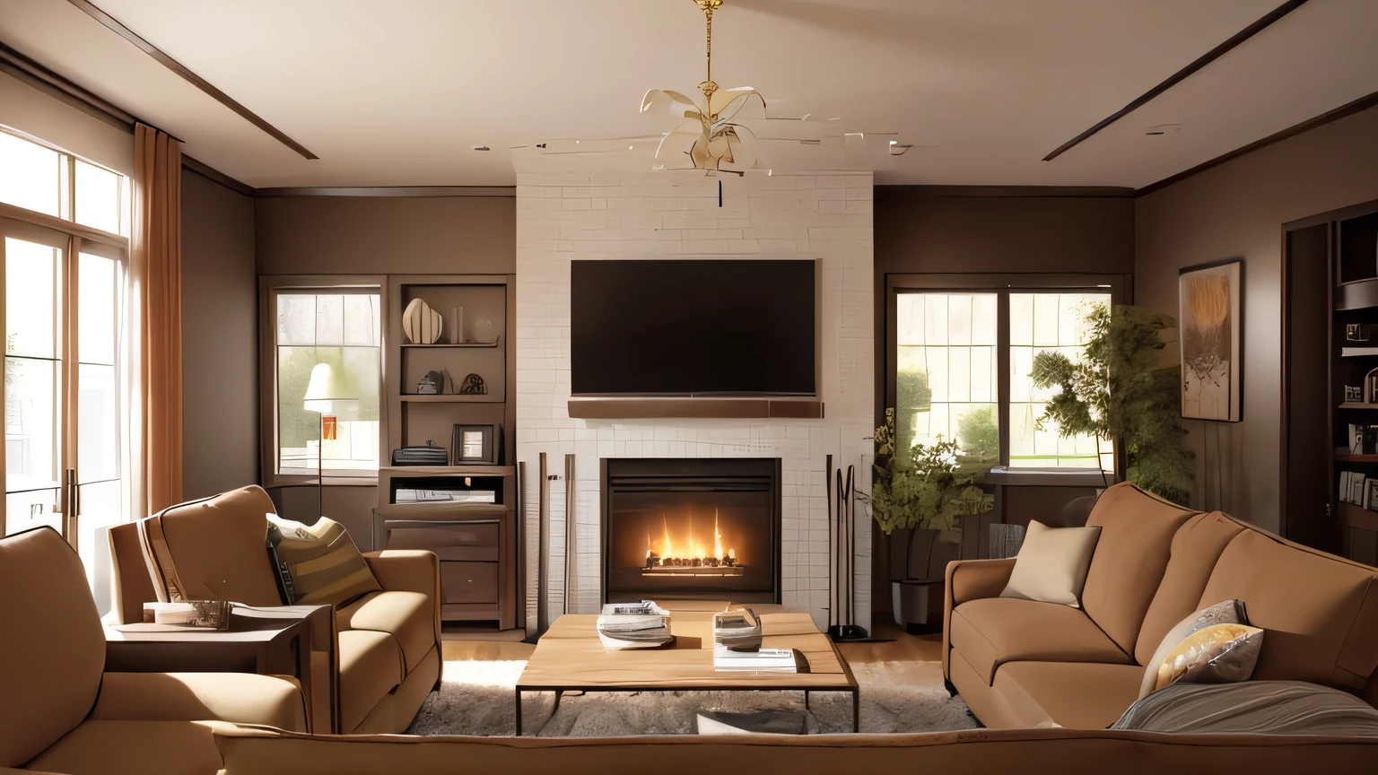 arafed living room with a fireplace and a couch and chairs, warm living room, cozy living room interior, Popular interior design styles, Furniture with warm colors, placed in a large living room, Above the family room, cozy living room, living room interior design, cozy living room background, Warm interiors, Warm interior, interior living room, living room, Extremely detailed, テレビがあるliving room