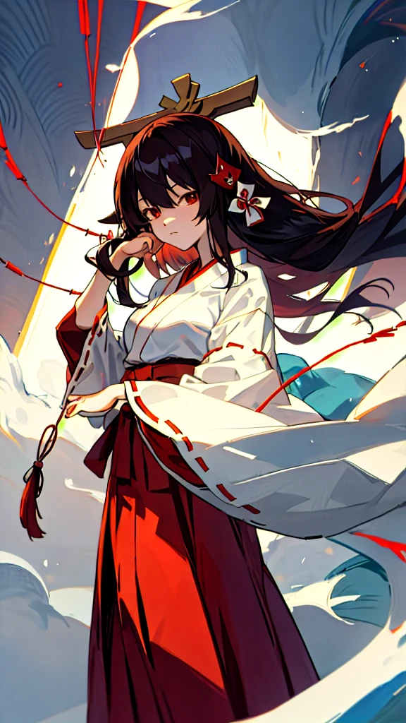 The image shows an illustrated character, likely from an anime or manga. The character has long dark hair and is wearing a traditional shrine maiden (miko) outfit, consisting of a white top (haori) with red accents and a red skirt (hakama). The character is holding what appears to be a bow without the string, and there are white ribbon-like effects surrounding the character, suggesting movement or a magical element. The face of the character has been pixelated to obscure it. The character has no accessories. Please create the new illustration in a soft, pencil-drawn style based on this description.