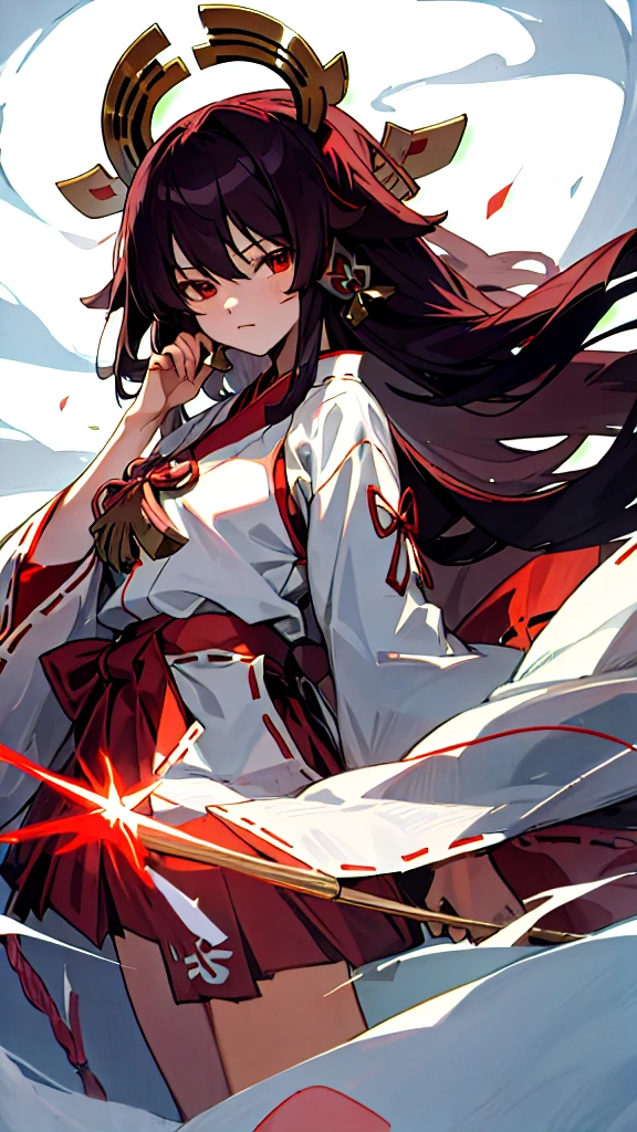 The image shows an illustrated character, likely from an anime or manga. The character has long dark hair and is wearing a traditional shrine maiden (miko) outfit, consisting of a white top (haori) with red accents and a red skirt (hakama). The character is holding what appears to be a bow without the string, and there are white ribbon-like effects surrounding the character, suggesting movement or a magical element. The face of the character has been pixelated to obscure it. The character has no accessories. Please create the new illustration in a soft, pencil-drawn style based on this description.