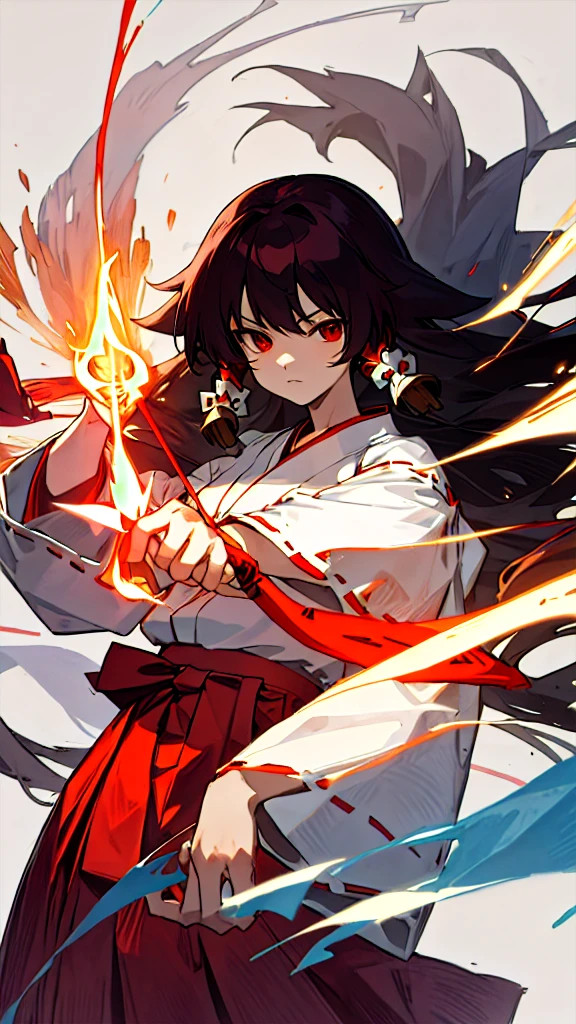 The image shows an illustrated character, likely from an anime or manga. The character has long dark hair and is wearing a traditional shrine maiden (miko) outfit, consisting of a white top (haori) with red accents and a red skirt (hakama). The character is holding what appears to be a bow without the string, and there are white ribbon-like effects surrounding the character, suggesting movement or a magical element. The face of the character has been pixelated to obscure it. The character has no accessories. Please create the new illustration in a soft, pencil-drawn style based on this description.