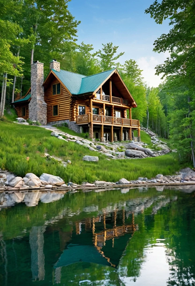 A stunning log cabin, nestled on a secluded lakeshore, exudes an air of rustic luxury. The cabin's warm wood exterior blends seamlessly with the surrounding nature, creating a sense of harmony and tranquility. The crystal-clear lake reflects the sky, creating a breathtaking vista.