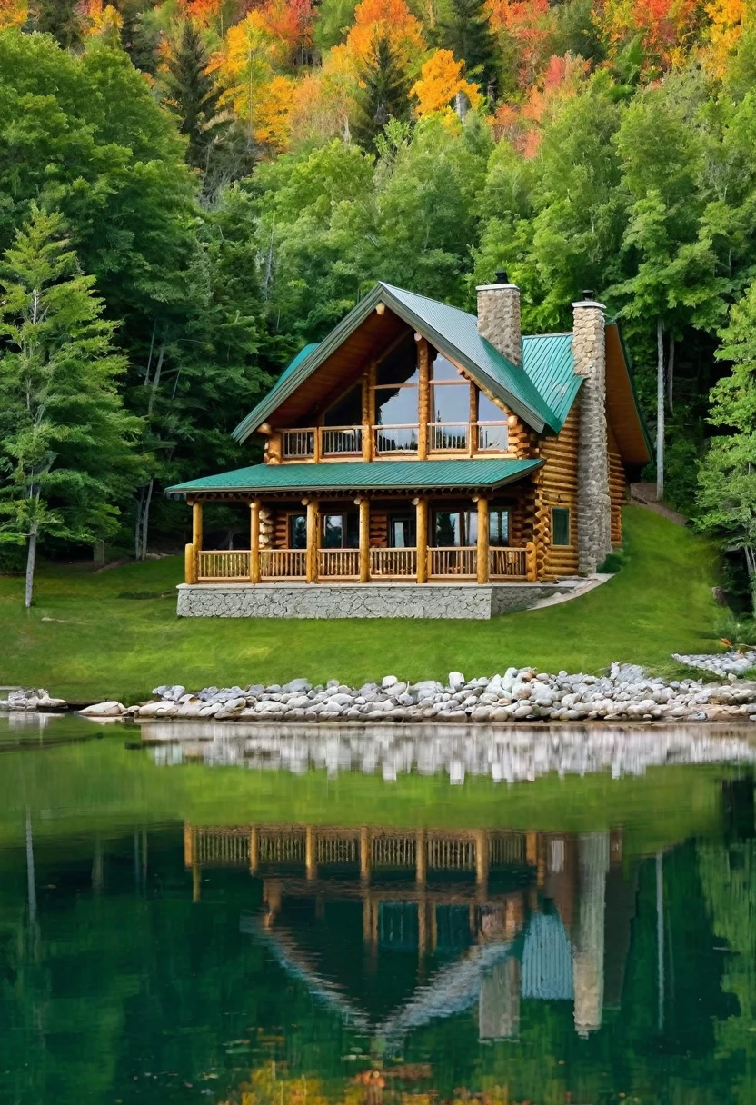 A stunning log cabin, nestled on a secluded lakeshore, exudes an air of rustic luxury. The cabin's warm wood exterior blends seamlessly with the surrounding nature, creating a sense of harmony and tranquility. The crystal-clear lake reflects the sky, creating a breathtaking vista.