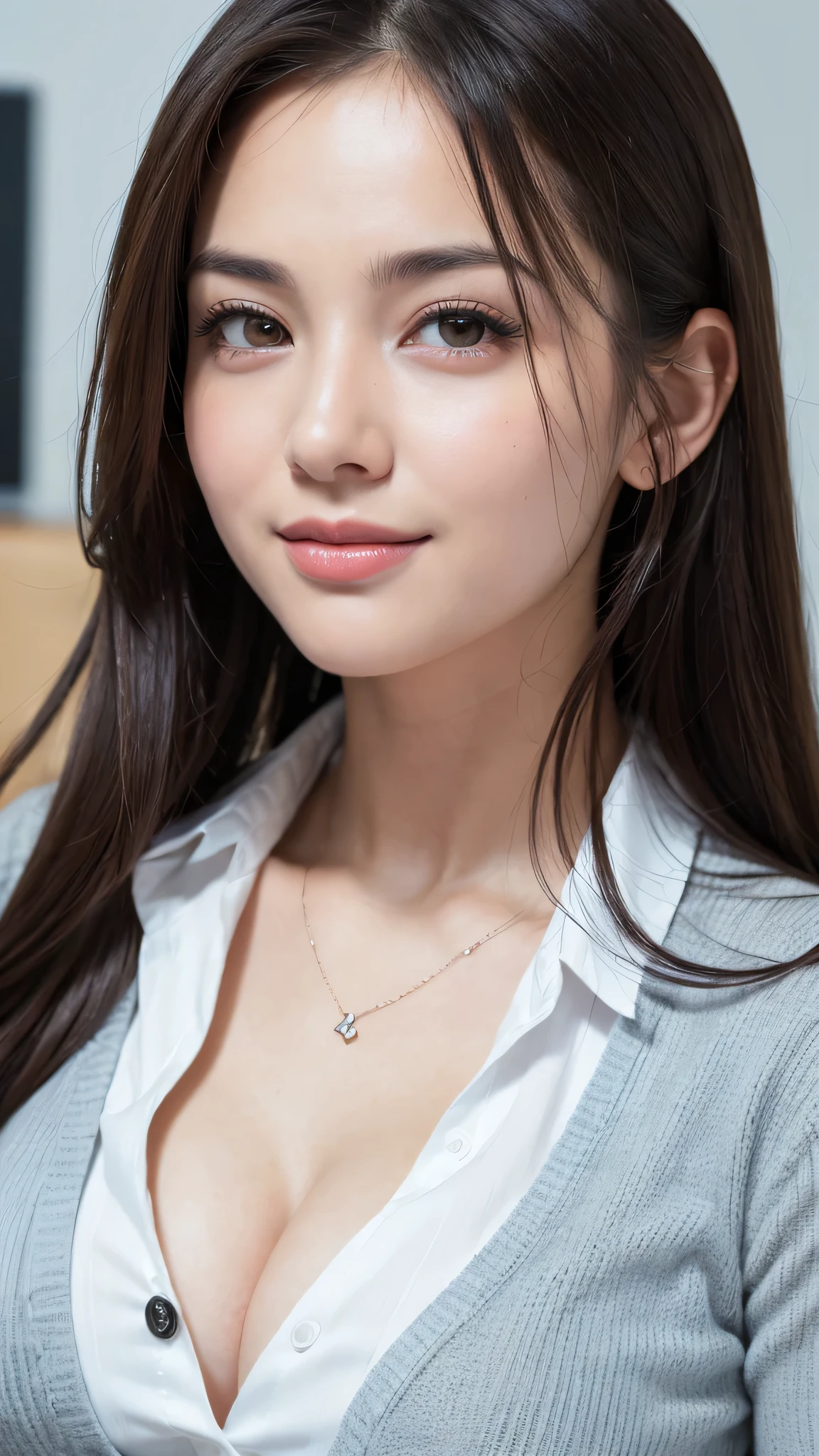 (1girl), (round eyes:1.2), (highly detailed face and eyes), smile, Amazing face and eyes, (shirt:1.3), cleavage, (Best Quality:1.4), (Ultra-detailed), (extremely detailed CG unified 8k wallpaper), Highly detailed, High-definition raw color photos, Professional Photography, Realistic portrait, Amazing face and eyes, indoors, office, (office lady, casual:1.3), (A moment of relaxation), model, depth of fields, (fine face:1.2),