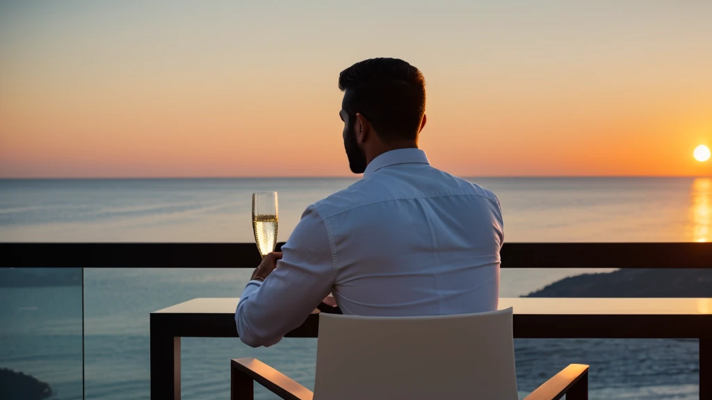 Man sitting on chair drinking champagne, Rear view, sunset, 4K, photograph