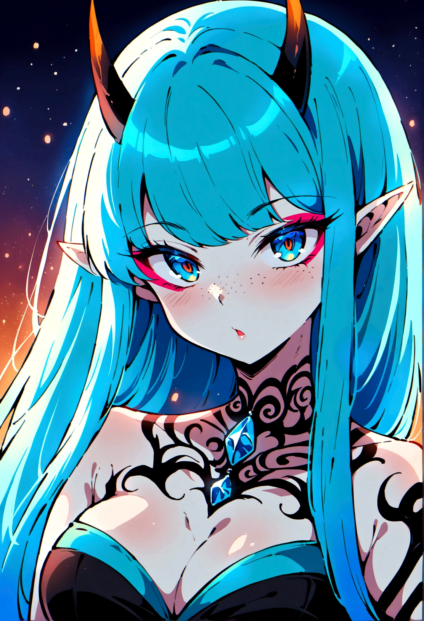 score_9, score_8_up, score_7_up, solo, lum, long hair, bangs, blue hair, blue eyes, horns, pointy ears, aqua hair, oni horns, eyeshadow, goth, tattoos, long eyelashes, (big lips:0.5), teasing, night, freckles, blush, corset, cleavage, half body, perfecteyes,
tiger lily flowers in back ground
Vintage, Expressiveh, portrait,