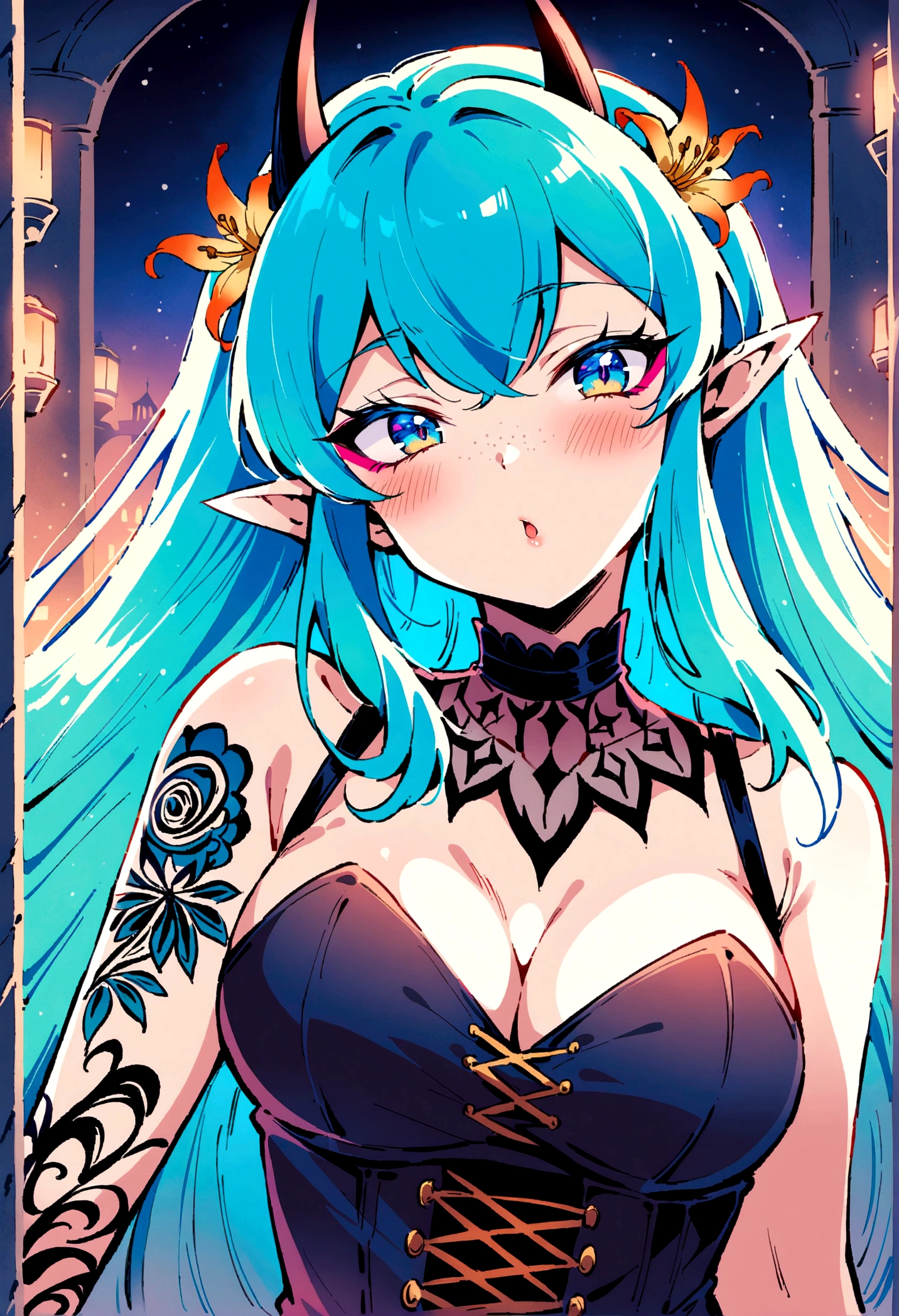 score_9, score_8_up, score_7_up, solo, lum, long hair, bangs, blue hair, blue eyes, horns, pointy ears, aqua hair, oni horns, eyeshadow, goth, tattoos, long eyelashes, (big lips:0.5), teasing, night, freckles, blush, corset, cleavage, half body, perfecteyes,
tiger lily flowers in back ground
Vintage, Expressiveh, portrait,