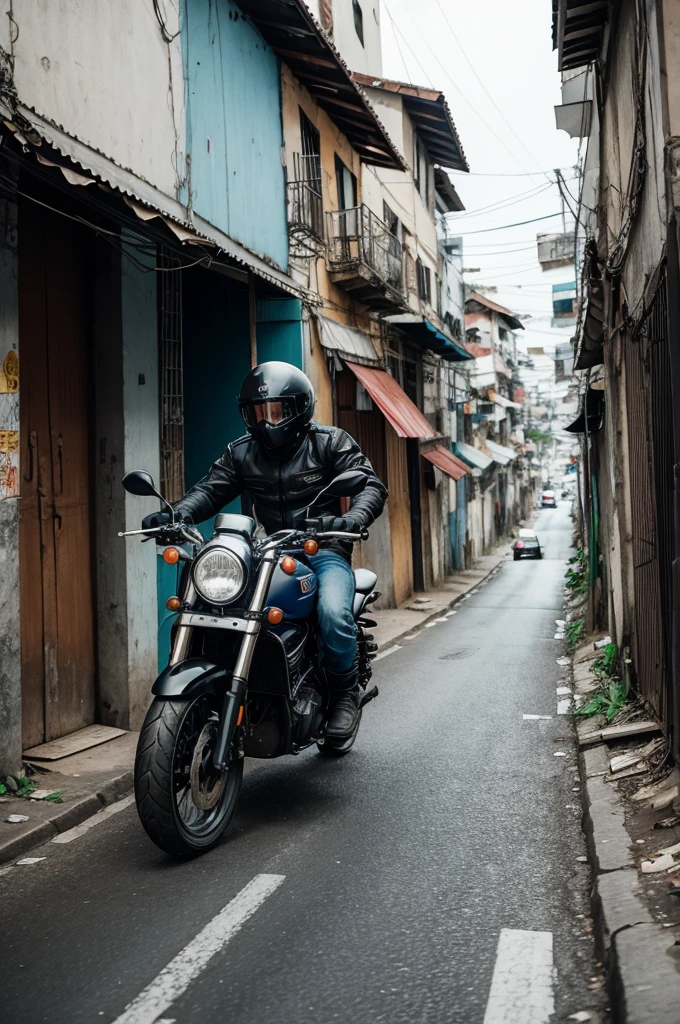 Man on a motorcycle escaping from police, In the middle of the favela streets