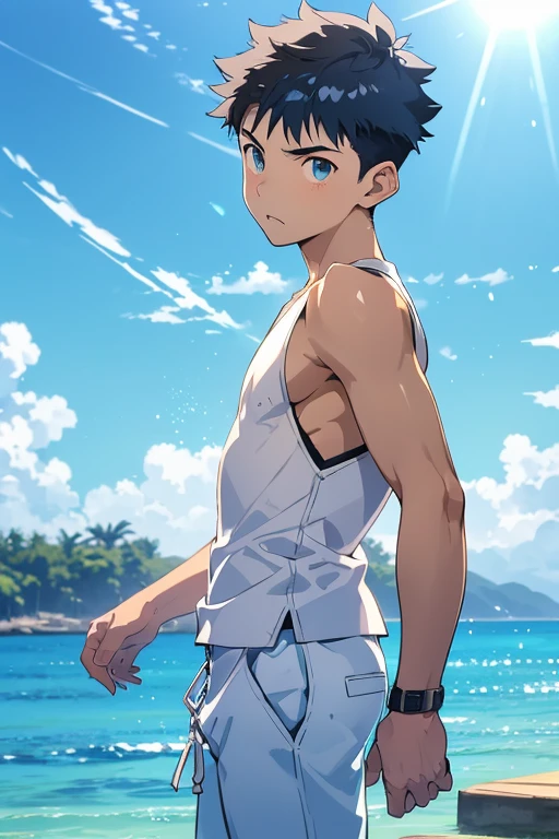 anime - along the sea, １Boy, -yeld, Errassed look, short pants, tank top, Short spiked Hair, Slender, Eyes Wide Open, Makoto Shinkai style, pale blue sky, pale blue sea, ultra high quality, ultra detailed, detailed face, sunset, 