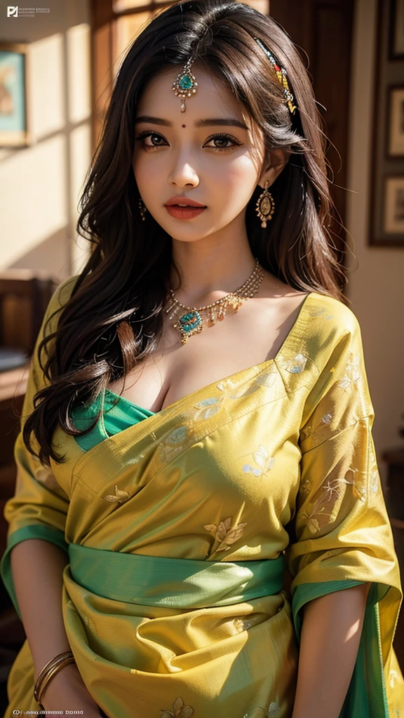 Highly detailed portrait of a very beautiful curvy woman, evening sunshine, very shining colourful saree, print advertising, vibrant, intricate, high resolution, hdr, close-up