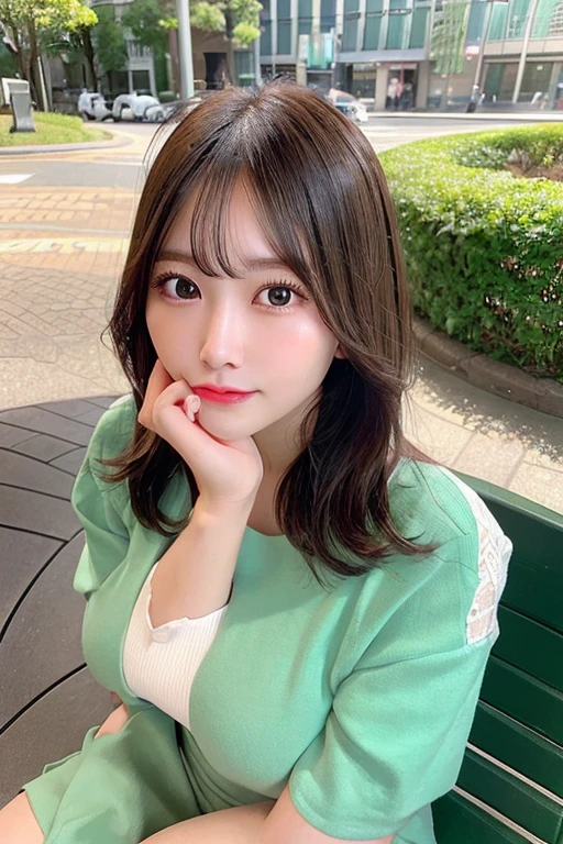 The face is shaped like an egg、Eyebrows are gently curved.、The eyes are slightly droopy and round.。The nose is high and straight、The flower hole is long and thin。Her lips are plump and sexy。On a bench in a green space in an office district、Eating a takeaway lunch、Young beautiful woman。