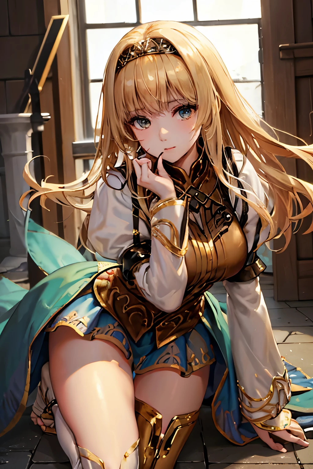 （（（ＳＦＷ、sound、Highest quality、first-clasasterpiece、Normal body、8K、Detailed face、Ultra-precision、Normal hand、Normal finger、５Finger、Highest）））、beautiful girl、Golden blonde;1.4、slender、low length、thin feet、Alisha、Princess、Valkyrie Profile、Fleeting、blush、Dungeons、On all fours、Crawl、Lift up your skirt yourself、Pure white pants、Showing off