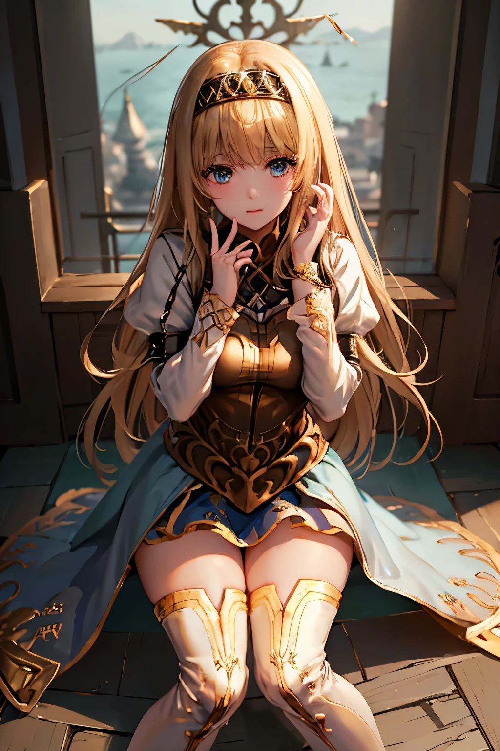 （（（ＳＦＷ、sound、Highest quality、first-clasasterpiece、Normal body、8K、Detailed face、Ultra-precision、Normal hand、Normal finger、５Finger、Highest）））、beautiful girl、Golden blonde;1.4、slender、low length、thin feet、Alisha、Princess、Valkyrie Profile、Fleeting、blush、Dungeons、On all fours、Crawl、Lift up your skirt yourself、Pure white pants、Showing off