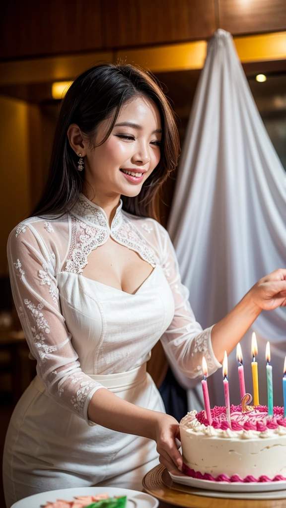 Woman in kebaya smiling blowing out candles from birthday cake. In front of the woman there was a birthday cake