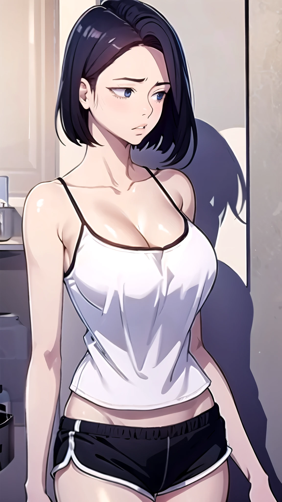 sooahdef, black hair, blue eyes, short hair
looking to the side, solo, breasts, parted lips, large breasts, looking away, camisole, cowboy shot, 1girl, black shorts, shorts, short shorts, bare shoulders, collarbone, cleavage
masterpiece, best quality
