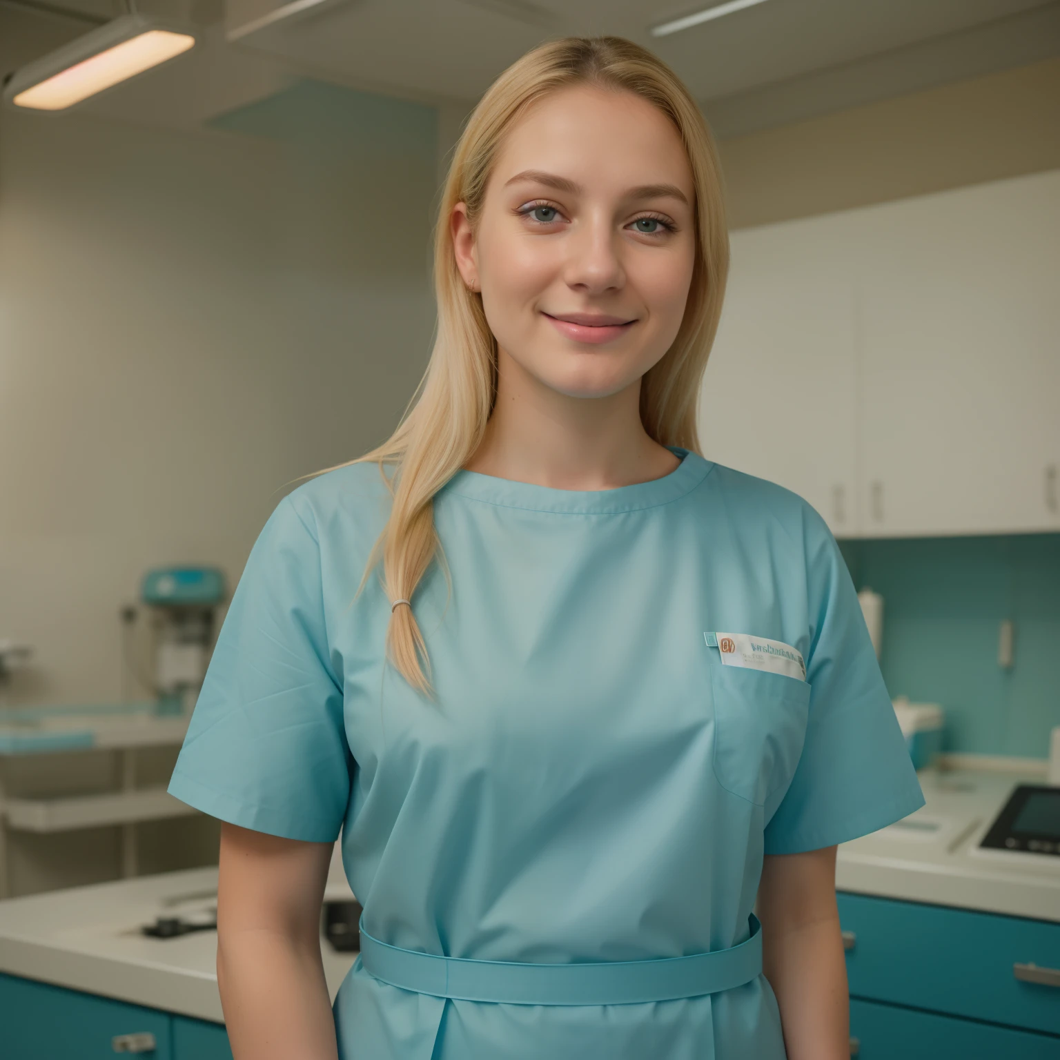 A Realistic Portrait, of a tenager girl, 15 years old (lady oscar), as surgical nurse, blonde hair, , Beautiful, detailed face, detailed eyes, (realistic skin:1.3), (pale skin:1.1), (textured skin:1.3), (()), big smile, (iphone photograph), (perfect small breasts:1.1), wearing teal surgical scrubs), (artificial lighting:1.3), looking at the camera, perfect slim body, amateur Photography, Photorealistic, Detailed, analog, poor quality, grainy,, wide angle, showing full body, standing in operation room, wearing long surgical scrubs, non-nude, all body parts covered by teal scrub uniform