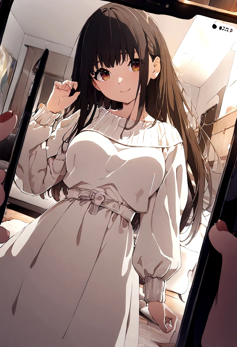 masterpiece, One girl,  Brown haired girl,  Long Hair, The body is slim,  Pink eyes, Baby Face,  Beautiful breasts, Round Breasts, Long sleeve, Beautiful Eyes, Black knee-high socks skirt, Bedroom M-legged pussy legs spread horny tongue licking slanted eyes topless big tits love juice