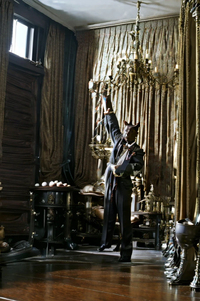 the most realistic image of a black cat the size of a human being, highly detailed, stands on his hind legs in the room in front of a floor-mounted rotating oval full-length mirror, holding a cup of coffee in his right front paw, in the left front paw there is a saucer, cat looks in the mirror, we see his mirror image, room in a Moscow apartment, decoration in the style of the 60s of the 20th century, with many details