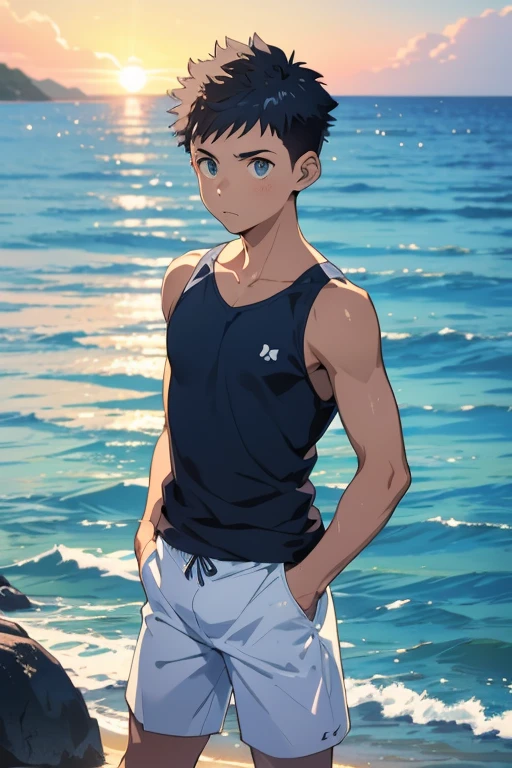 anime - along the sea, １Boy, 15-year-old, Embarrassed look, short pants, tank top, Short spiked Hair, Slender, Eyes Wide Open, Makoto Shinkai style, pale blue sky, pale blue sea, ultra high quality, ultra detailed, detailed face, sunset, 