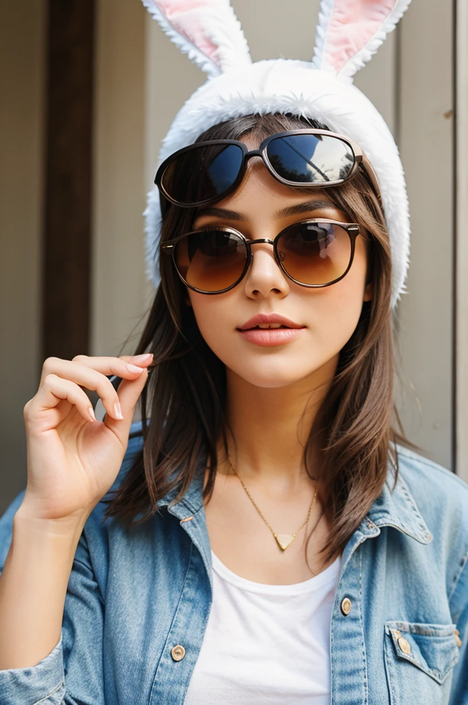 A girl wear sunglasses and bunny hat