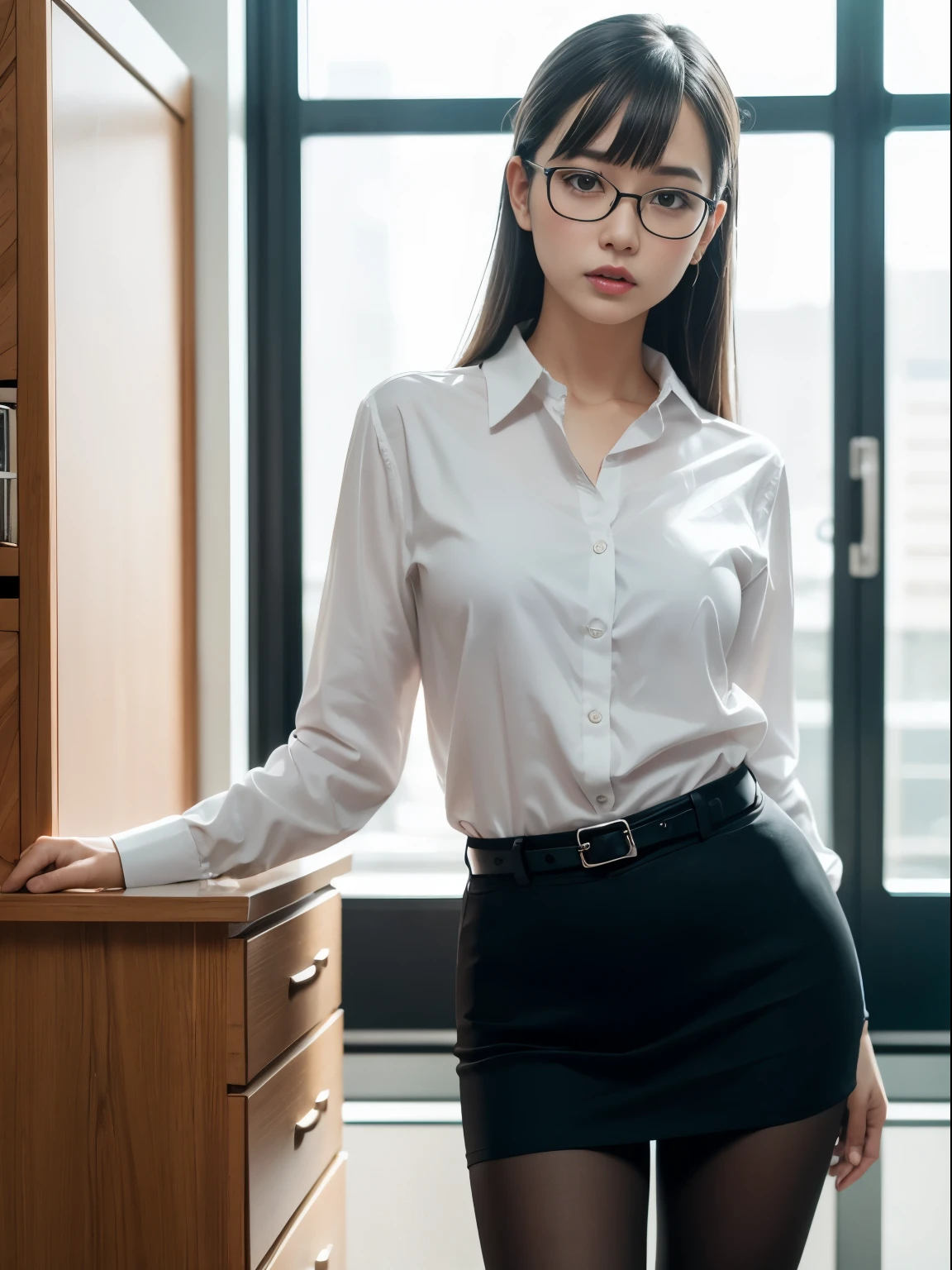 (alone、solo)、A 20-something office lady in an office uniform poses for a photo、(Black Pantyhose)、(Half Up)、victory、Tsundere、Single knot、OL、suit、Blue mall face、anger、、Glasses、Slim girl model photo、Body:The smallest middle-aged man in history、Female Model、Japanese female fashion model、(8K、RAW Photos、Highest quality、masterpiece:1.2)、(Real、Photorealistic:1.37)、Ultra high definition、Ultra high definition、Office Street、Standing position、whole body、((((SEXY)))