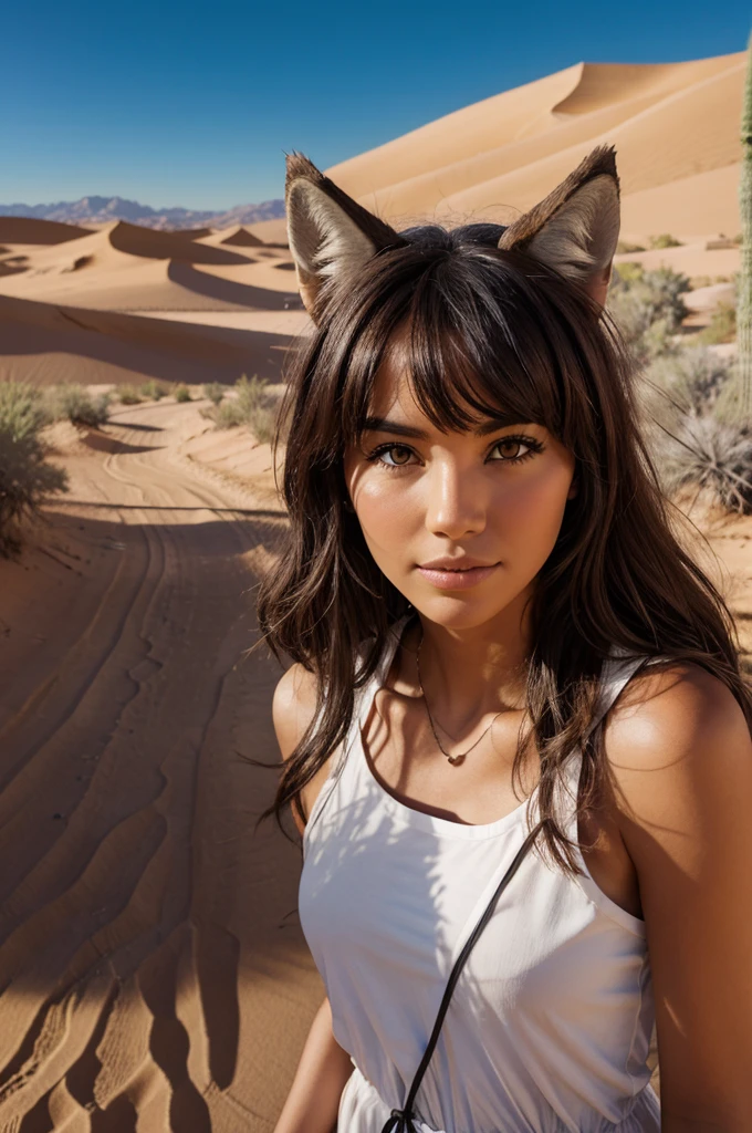 A wolf at ghe desert path portrait photo 
