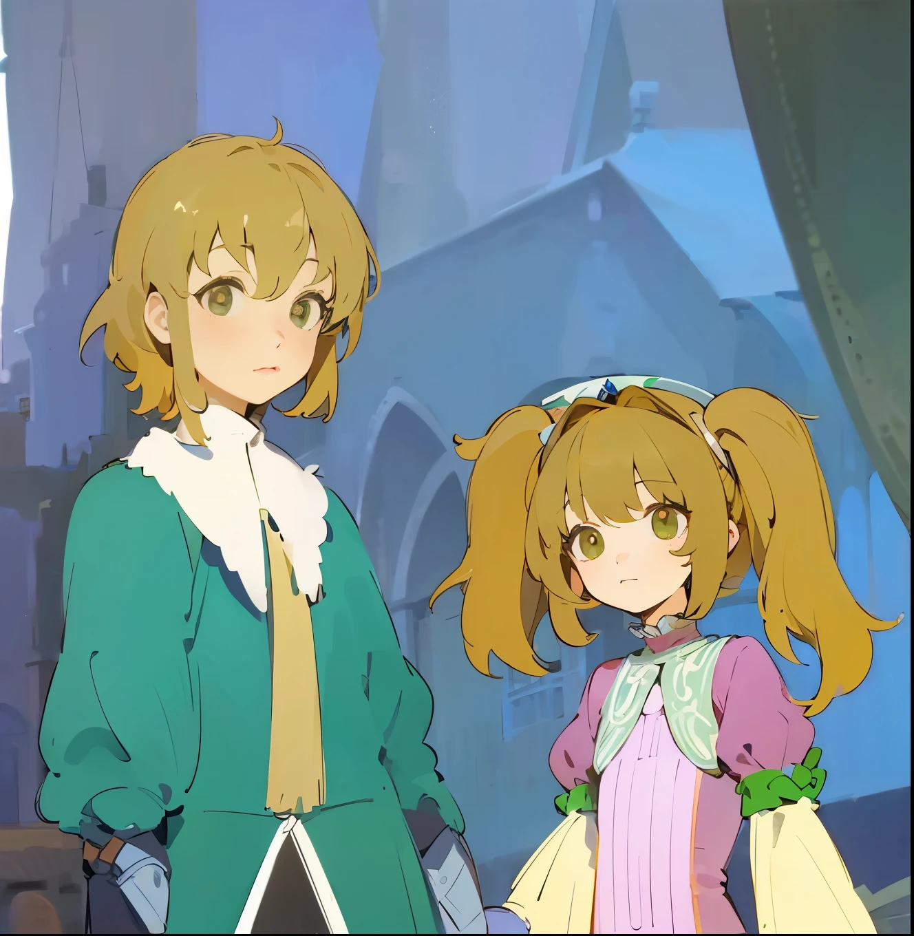 ((best quality)), ((masterpiece)), (detailed), Perfect face,Medieval clothing,Princess,Flaxen hair,orangeskirt,cute,image,Group photo